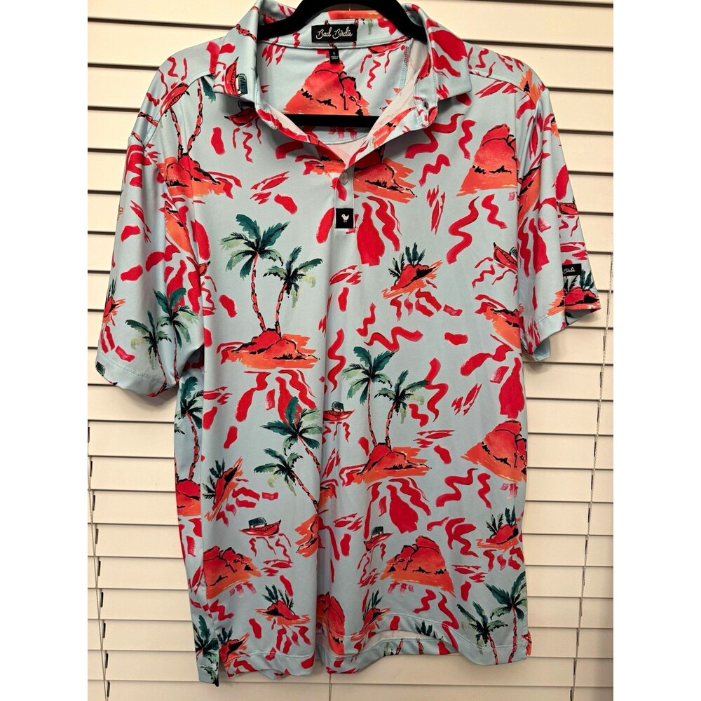 Bad Birdie Men’s Light Blue Tropical Graphic Print Polo Shirt L Short Sleeve